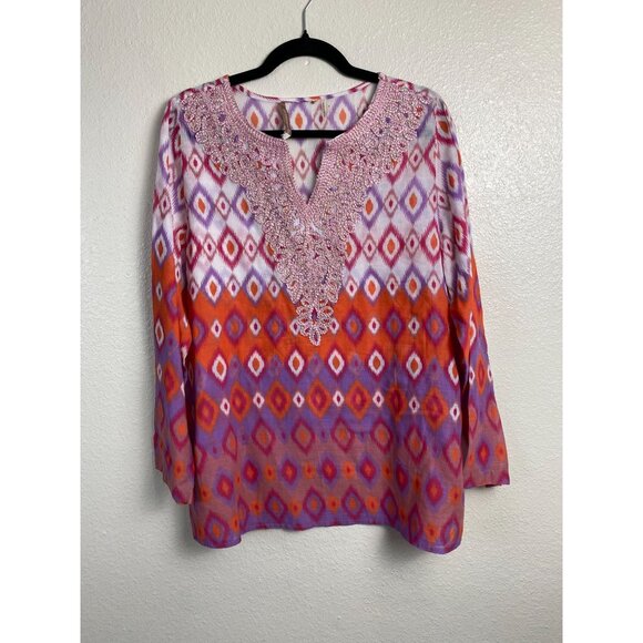 Soft Surroundings Tunic Top Women size Medium Geometric Boho Artsy Flowy Aztec - Picture 1 of 15